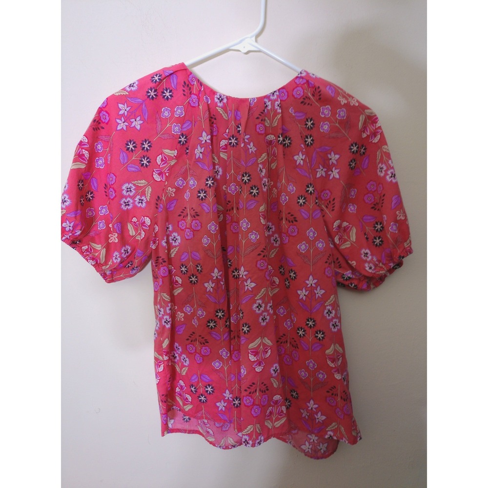 Ann Taylor Floral Blouse Women MP Pink Short Puff Sleeve Feminine Whimsical